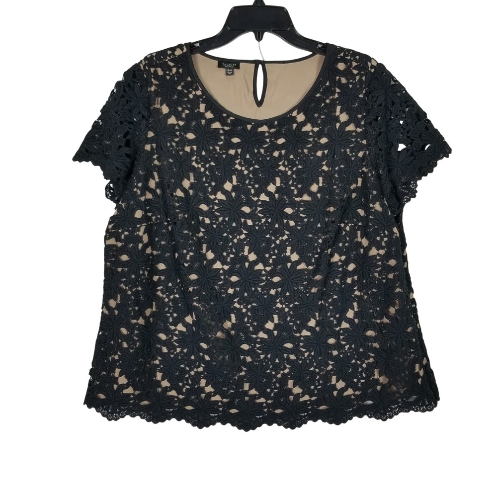 Talbots Lace Top Women 18WP Black Floral Guipure Overlay Short Sleeve Scalloped